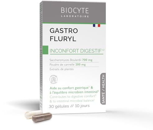 BIOCYTE Gastrofluryl - Complément Alimentaire Confort Digestif - A base de Levures Saccharomyces, Cannelle, Gingembre, Clou de Girofle, Ail - 30 Gélules - 10 jours de prise
