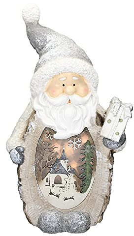 ECD Germany Statuetta di Babbo Natale con Illuminazione LED 52 cm Bianco Caldo Statua Luminosa con Cappello Grigio e Sciarpa Aspetto Legno a Batteria Decorazione Figura Natalizia da Tavolo per Interni