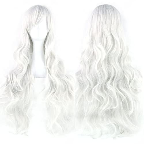 IMISSU 80 cm långt lockigt naturligt hår Cosplay Peruk med lugg Färgglad Halloween Kostym Huvudbonader Fest Peruker för kvinnor (Silver Vit)