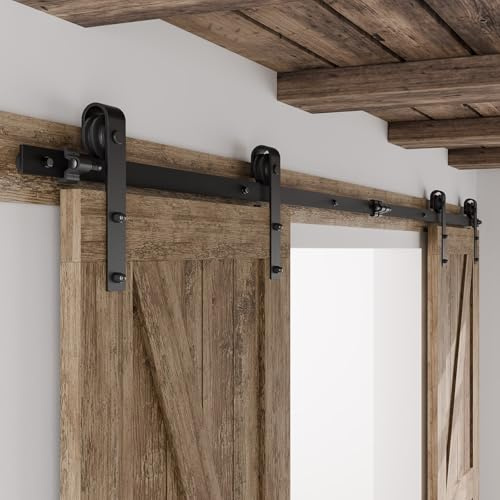 Herrajes Puertas Correderas Doble 203cm Rieles Kit Puerta Corredera Negro para 2 Puerta Corredera Madera 50cm Ancho, Pequeña Rueda J-forma