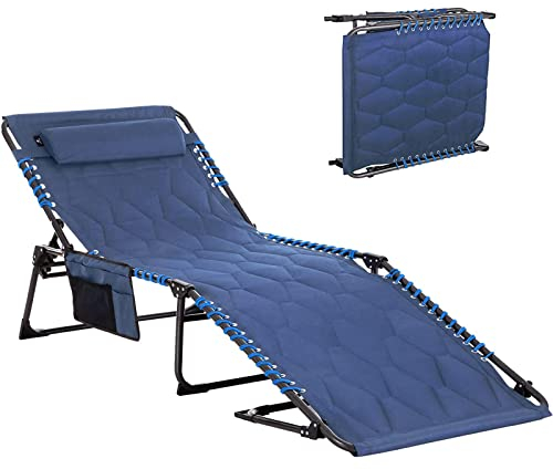 ALPHA CAMP Tumbona reclinable acolchada, cama portátil de camping para adultos, plegable, para camping, patio, tumbona, 4 posiciones, soporte ajustable, 350 libras con almohada y bolsillo lateral