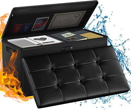 ENGPOW Storage Ottoman Bench,Fireproof Folding Bench with Lock,30 Inches Fire＆Water Resistant Storage Chest Foot Rest Stool Leather Bedroom Bench with Storage Safe for Document,Valuables,Black