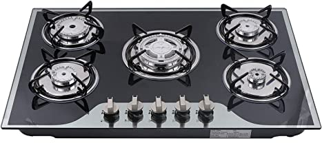 Cuisinière à gaz 5 feux - Gaz naturel - Vitrocéramique - Plaque de cuisson à gaz encastrable en verre noir