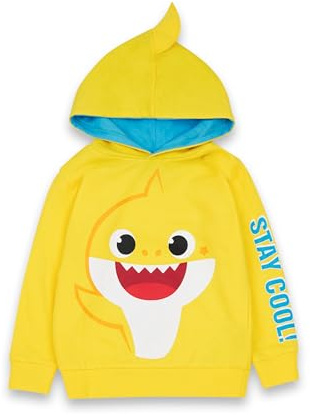 Baby Shark Kids Hoodie | Childrens Stay Cool Yellow Singing Sea Creature Family Graphic Hooded Sweatshirt | Blue Lined Hood Complete with 3D Fin | Cartoon Apparel Merchandise Gift for Boys & Girls
