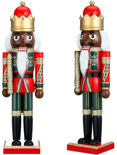 Hungdao 15 Inch Black Christmas Nutcracker Decor Wooden African American King Figure Festive Soldier Nutcracker Christmas Ornaments Gift for Tables Holiday(Short Scepter)