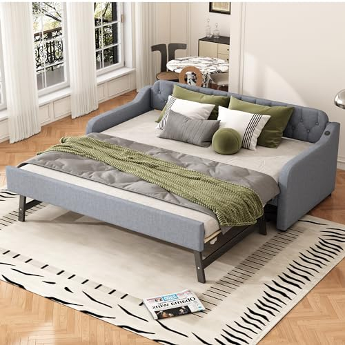 WIZBED Stilvoll Polsterbett Schlafsofa mit mit ausziehbares Bett, USB & Lattenrosten, Ausziehbett 90/180x200 Bettsofa Gästebett Tagesbett, Linen, ohne Matratze