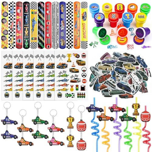 Moltby Favores de Fiestas de Coches de Carreras -110pcs Detalles Cumpleaños Infantiles Autos de Carreras, Llaveros Coche, Pegatinas, Pulseras Slap, Pajitas para Niños, Regalitos Invitados Niños