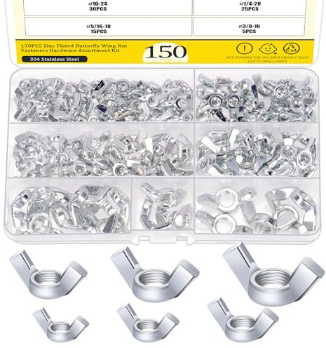 Mardatt 150 Stück Wing Nuts Assortment, Größen Kohlenstoffstahl verzinkt Schmetterling Flügelmuttern Flügelbefestiger Schmetterling Mutter, 3/8”-16, 5/16”-18, 1/4”-20, #10-24, #8-32, #6-32
