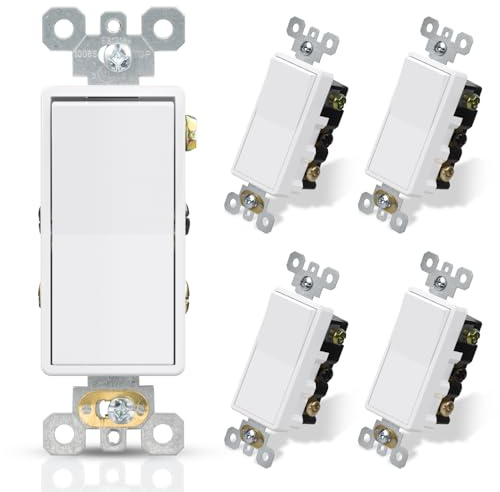 ELEGRP 4 Way Decorative Light Switch, 15Amp, 120-277 Volt, AC Decorator Rocker Paddle Wall Switch Replacement, Self-Grounding, Residential and Commercial Grade, UL Listed (5 Pack, Glossy White)