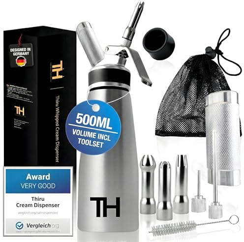 Thiru stainless steel cream whipper 500 ml with toolbox – whipped cream dispenser for desserts, espuma & hot foams – eBook + 5 stainless nozzles – 100-day trial