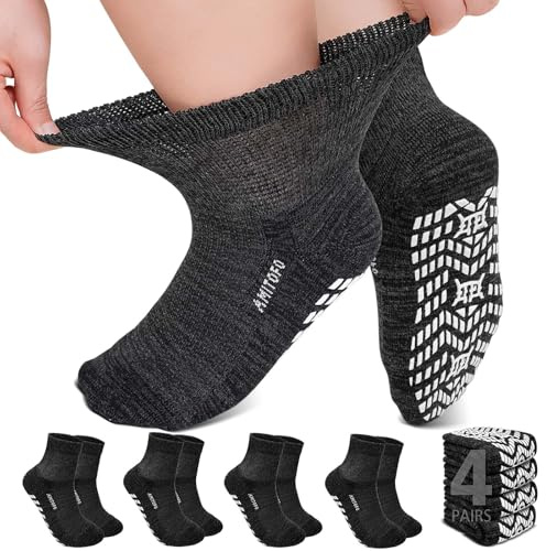 ZFSOCK Calze Senza Elastico Donna: Calzini Diabetici Antiscivolo in Bambù Traspirante Extra Larghi Senza Cucitura per Persone con Gonfiore Alle Gambe Nero 4 Paia 47-49