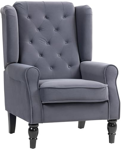 HOMCOM Retro Accent Chair, Velvet Wingback Armchair with Wood Frame Button Tufted Design for Living Room Bedroom, Charcoal Grey