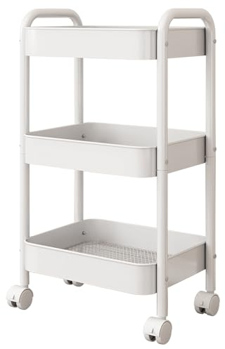 Chariot de rangement à 3 niveaux, chariot à roulettes, chariot de rangement à roulettes en métal avec crochets supplémentaires, pour cuisine, salon, buanderie, salle de bain, bureau (blanc) (blanc)