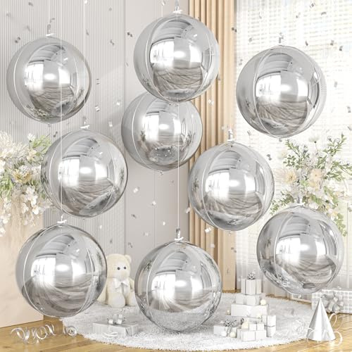 Silver Round Foil Balloons 9 pcs,Metallic Silver Giant 4D Round Balloons 22 Inch for New Years Wedding Graduation Anniversary Baby Shower Birthday Party Decorations