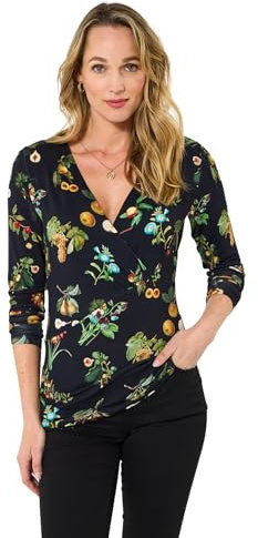 Joe Browns Women's Mushroom Print Wrap Front Jersey Top, Regular, Black, UK 18