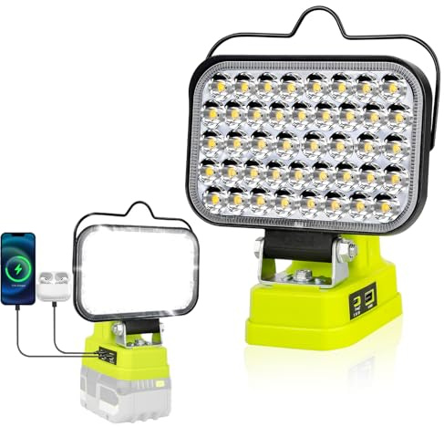 Projecteur de travail sans fil portable 84 W 8000 lm pour batterie Ryobi 18V, avec ports de chargement USB et Type C. Idéal pour l'éclairage de secours, le camping, la pêche et l'atelier