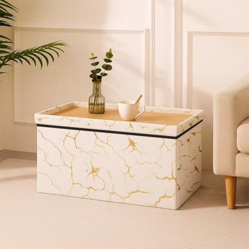Luxury Foli Print Ottoman Storage Box with Wooden Tea Table Top Foldable Ottoman Storage Bench Seat for Living Room, Bedroom & Hallway Multipurpose Footstool & Marble Design 76×38 ×38cm (White)