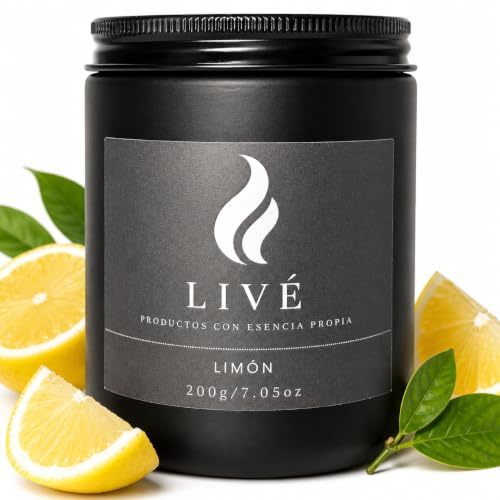 LIVÉ Vela Aromática de Limón en Frasco de Cristal Tintado con Tapa Metálica, 40h de Duración, Cera de Soja100% Natural, Perfume para Hogar, Decoración y Regalo, Reutilizable