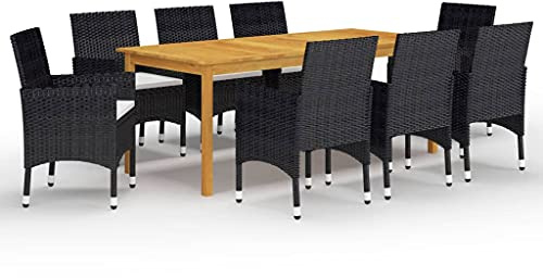 RMIHSJG 9-TLG. Gruppo da giardino nero in legno di acacia e rattan PE, tavolo da pranzo con finitura a olio e sedie con struttura in acciaio, gruppo di mobili da esterno resistente alle intemperie per