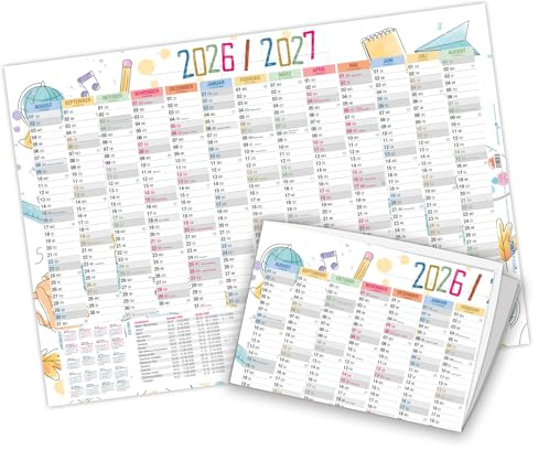 itenga Calendrier annuel scolaire 2026/2027 DIN A2 - Agenda scolaire à suspendre - Agenda annuel août 2026 à août 2027 - Plié sur papier A4 - 170 g/m² (motif Doodles)