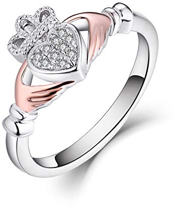 JO WISDOM Claddagh ring, 925 sterling silver keltiskt hjärta månadssten ring med AAA kubisk zirkonia för kvinnor, Vitt guld Roséguld Silver, Kubisk zirkonia