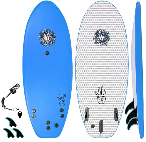 KONA SURF CO. The 4-4 Surfboard for Beginners Kids and Adults - Soft Top Foam Surfboards for Beach - Surf as a Boogie Board Bodyboard or Softboard - Includes Fins and Leash in Light Blue sz:4ft 4in