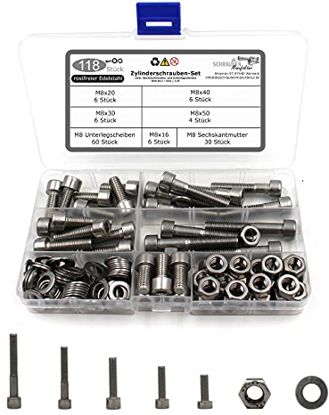 118 teiliges Set aus Zylinderschraube mit Innensechskant nach Norm DIN 912 Sechskantmutter DIN 934 und Unterlegscheibe DIN 125 Edelstahl Größe M8