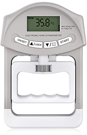 Kuptone Dinamómetro Digital de Mano, Ejercitador de Manos Ajustable de 90 kg / 198 lbs, Dinamometro Mano con 19 Juegos de Registros Individuales para Entrenar el Agarre, la Fuerza de Los Dedos