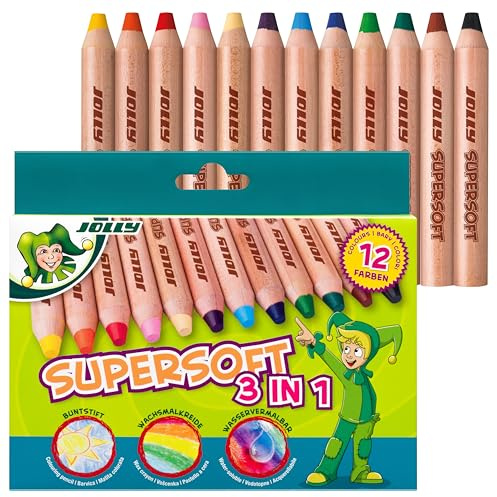 JOLLY Supersoft 3 in 1 – 12 colori Matite colorate, pastelli a cera e matite acquerellabili in un unico prodotto, mina extra morbida da 10 mm, resistente alla rottura e coprente, per bambini