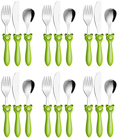EXZACT Childen Cutlery 18pcs Stainless Steel Toddler Kids Utensils Frog | BPA Free Dishwasher Safe 24M+ Green Frog Design Easy Grip Handles Toddlers Meals Snacks Nursery Travel Daily Family Use