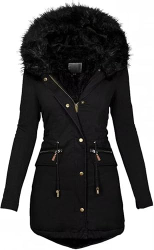 KaloryWee Summer Winter Coats Women Warm Faux Fur Lining Hooded Coat Ladies Plus Size Thicken Jackets Mid-Long Outwear