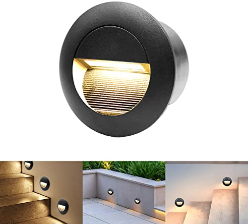FWoche 3W Stair Lights Wall Recessed Lamp Warm White, Round Staircase Light, LED Step Night, Aluminium Waterproof Wall Lighting Indoor/Outdoor, Garden Lighting Deck Balcony Black, 1pcs