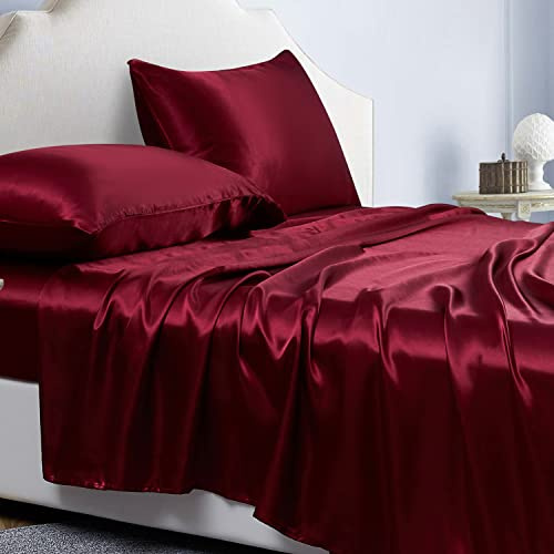 Jemiipee Juego de Sabanas de 4 Piezas Raso Cama 90 Color Sólido 90x190 cm para Colchón de hasta 36 cm de Altura - Sábana Bajera Ajustable, Encimera y 1 Funda de Almohada - Vino Rojo