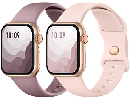 Suitisbest 2er Stück Armband Kompatibel mit Apple Watch Armband 38mm 40mm 41mm 42mm, Silikon Armbänder mit Druckverschluss für Apple Watch 10 9 8 SE 7 6 5 4 3 2 1, Sand Rosa/Rauchlila