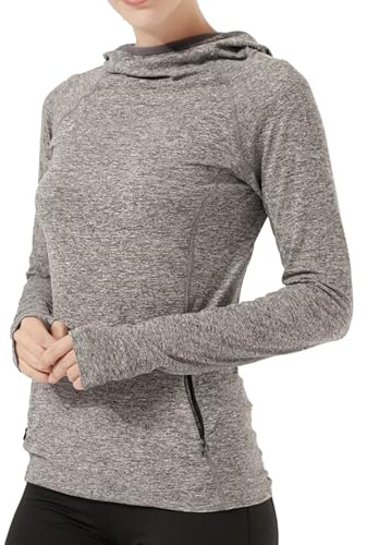 HDTIYUYP Womens Long-Sleeve Running Tops - Ladies Thermal Sports Hoodie with Zip Pocket Fitness Shirts UV Hiking T-Shirt Outdoor Sports Hoodie with Thumb Hole Grey S