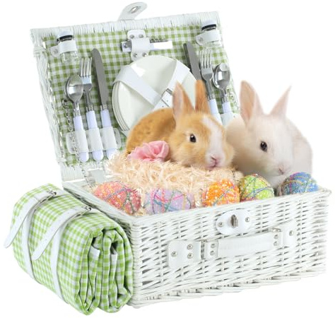 YPshuye Picnic Basket Set for 4 with Waterproof Blanket Mat Insulation Bag Wicker White Green Plaid Classic Fresh Gift for Christmas Thanksgiving Wedding Birthday Camp Outdoor Beach Travel