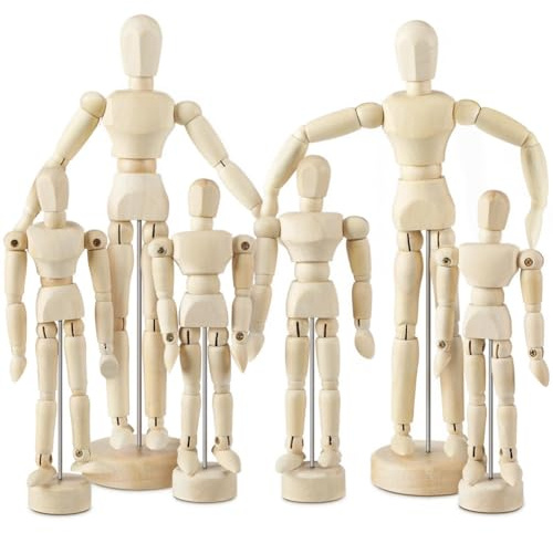 Qarmijaer 6 Pcs Artist Mannequin Model Set Kit Wooden Manikin Drawing Moveable Figure Model Set Kit with Stand Flexible Jointed Mannequin