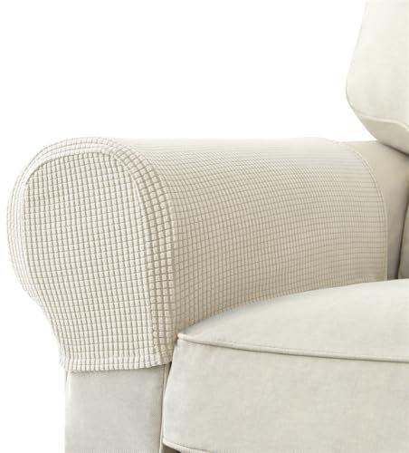 Fansu Funda para Reposabrazos de Sofá 2 Piezas Protector Reposabrazos Sofá Sillón de Jacquard de Cuadros, Elástico Lavable y Antimanchas Funda para Brazos, Protector de Muebles (Beige)