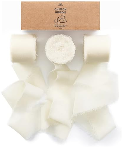 Vitalizart Cinta de Seda de Gasa Color Crema, Hecha a Mano con Flecos, Total 3,8 cm x 19,2 m, Juego de Cintas para Invitaciones de Boda, Ramos de Novia, Regalos, Envoltorios, Bricolaje