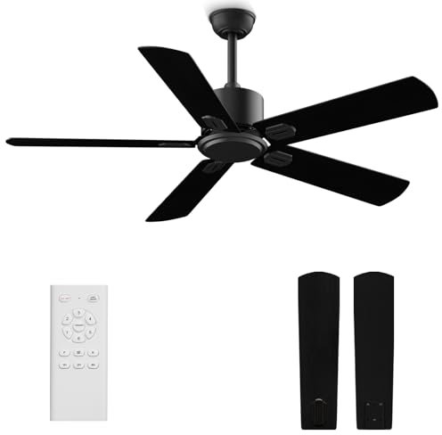 Biukis Deckenventilator ohne Licht, Leise, 6 Geschwindigkeiten, Ø132 cm Deckenventilator mit Fernbedienung, Umkehrbarer DC-Motor Zeitschaltuhr 1/2/4h für Innen Außen Wohnzimmer - Schwarz