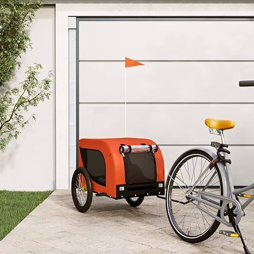 Homgoday Remolque Bicicleta para Perros Hierro Tela Oxford Naranja Negro, Remolque de Bicicleta para Perros, Carrito para Mascotas, Silla Ruedas, Tipo Cochecitos para Mascotas y Animales