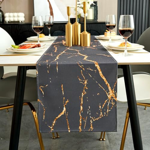 Jayusaror Tischläufer Modern Herbst Grau und Gold Leinen Marmor Goldene Textur Abstrakte Kunst Waschbarer Tischläufer für Kaffee, Esszimmer, Kommode, Beistelltisch, Schlafzimmer, 33 x 183 cm