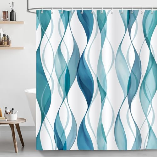 Bonhause Blue and Teal Striped Shower Curtain, Modern Minimalist Bathroom Curtain 180 x 180 cm Waterproof Mildew and Mould Resistant Polyester Fabric Bath Curtain with 12 Hooks