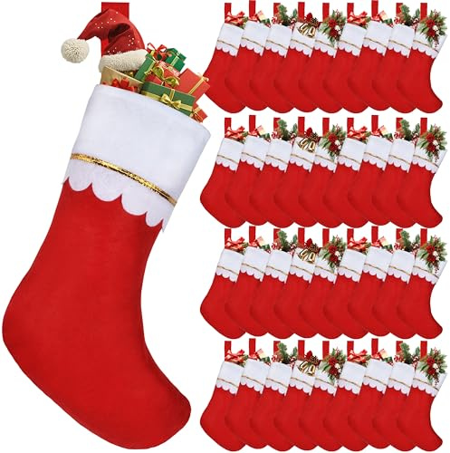 AMAZING TIME 36 Pcs 17 Felt Christmas Stocking Bulk, Red Christmas Socks Bulk with White Cuff Golden Trim, Christmas Hanging Ornaments Xmas Decoration for Mantel Door Window Holiday Home Décor
