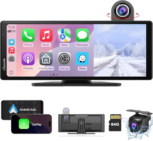 Carpuride Wireless Carplay & Android Auto with Dash Cam - 10.26 HD IPS Touch Car Play Screen for Car, 4K Front & 1080P Rear Camera, Loop Recording, Bluetooth Audio, Mirror Link, GPS, Siri