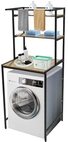 TESUGN Waschmaschinenregal, Regal über Waschmaschine, 3-stöckiges Badezimmerregal, Badezimmer Platzsparer, Waschmaschinenschrank Überbauschrank, Metall Holzwerkstoff, 69 * 60 * 176.5cm, Schwarz