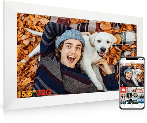 Digitaler Bilderrahmen 15,6 Zoll, Full-HD IPS Elektronischer Fotorahmen Groß Touchscreen WLAN. 20.000 Fotos(32GB) Frameo Digital Photo Frame, Teilen von Bildern/Musik/Videos, Weiß