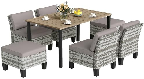 Outsunny 7-Piece Rattan Garden Dining Set 6 Seater with Seat Cushions Grey | Wicker Garden Furniture Set, Back Cushions, Umbrella Hole, Patio Table and Chairs, Slatted Metal Top Table, for Balcony