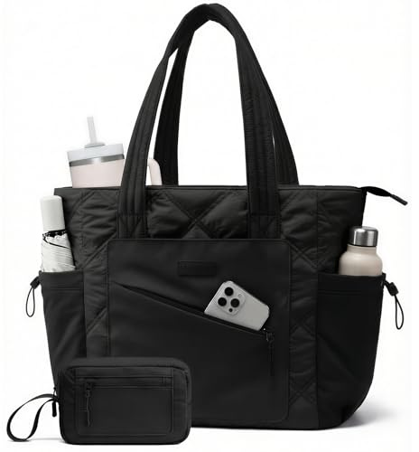 LOVEVOOK Shopper Tasche Damen Groß, Arbeitstasche Leicht Handtasche Puffer Tote Work Bag 17,3 Zoll Laptoptasche Schultasche, Bürotasche Lehrertasche Handbags Women für Uni Business Reisen, Schwarz