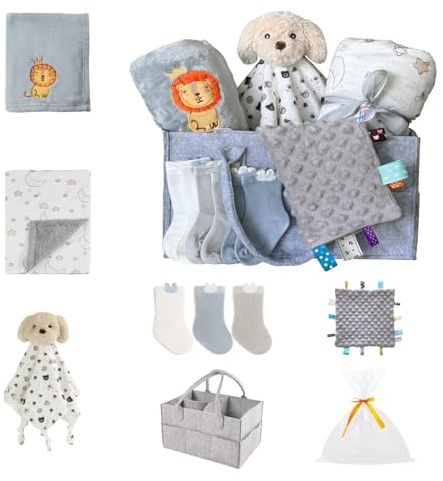 Crevent Presentset för nyfödda, blöjkorg med 2 filtar, 1 taggie, 1 lovey, 3 strumpor, 1 presentpåse med band, essentiell babyshower (neutral)